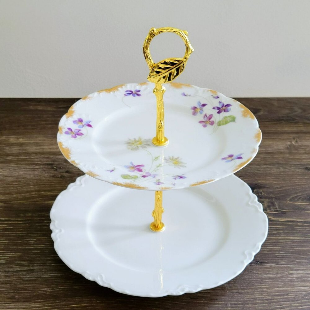 Vintage Mismatched Limoges Floral 2-Tiered Dessert Stand, Purple Wildflowers